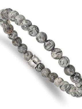 Grey Jasper Gemstone Bead Bracelet 6mm Stainless Steel Polished Stretch 7.75